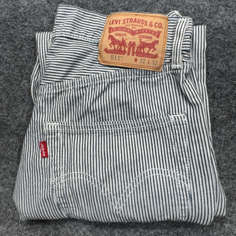Levis 511 Jeans Mens 30x30 Blue Hickory Stripe Slim Straight Workwear Denim